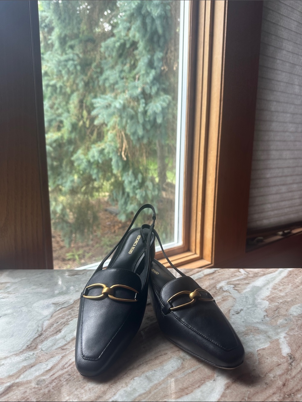 Veronica Beard Casie Slingback Pump. Black leather with gold-toned hardware .